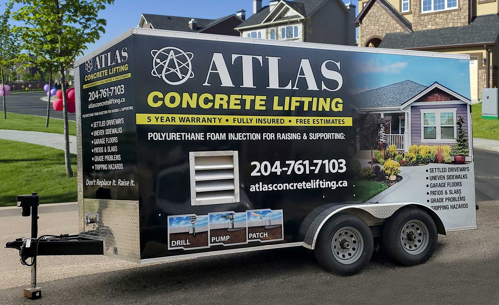 Atlas Concrete Lifting trailer on driveway in a residential community